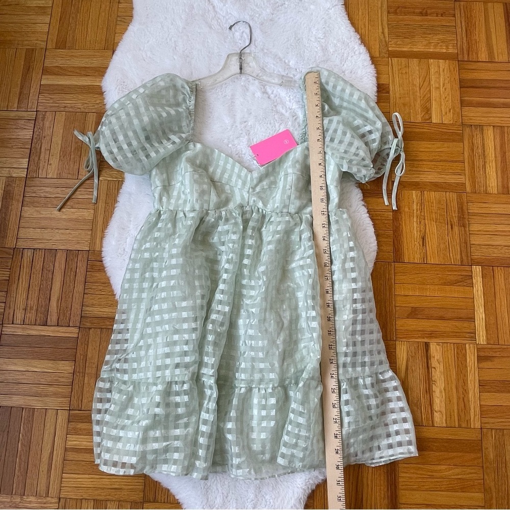 AMANDA UPRICHARD Mint Gingham Puff Sleeve Mini Dress - Size Large - Picture 8 of 9